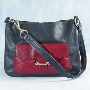 Vintage 60s 1960s Mod Genuine Leather Shoulder Bag, Navy & Red